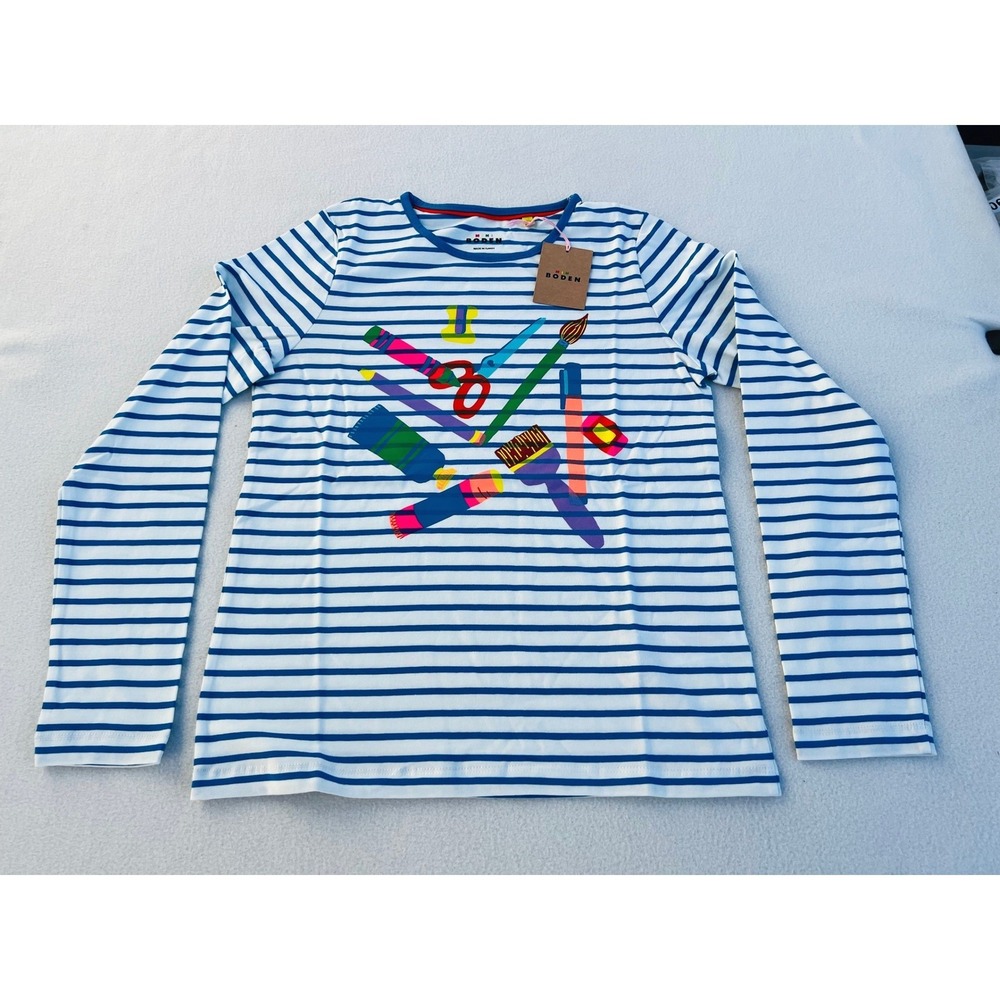 Mini Boden Girls Blue White Striped Art Supplies Graphic Long Sleeve Tee‎ 11-12Y